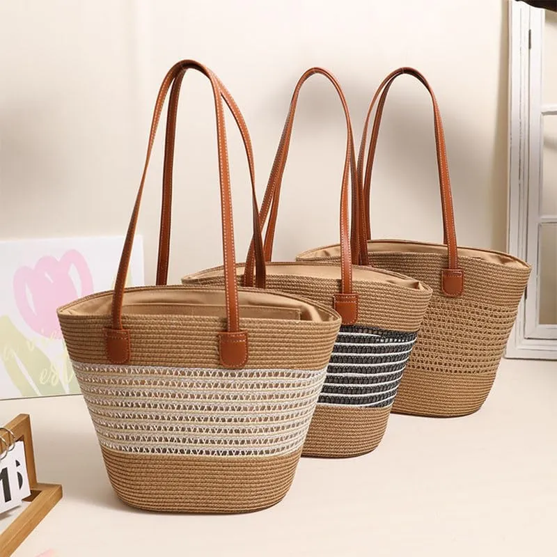 Women Beach Bags Summer Tote Bag Large Woven Straw Bucket Purse for Vacation Holiday Stripes Shoulder Handbag Beige