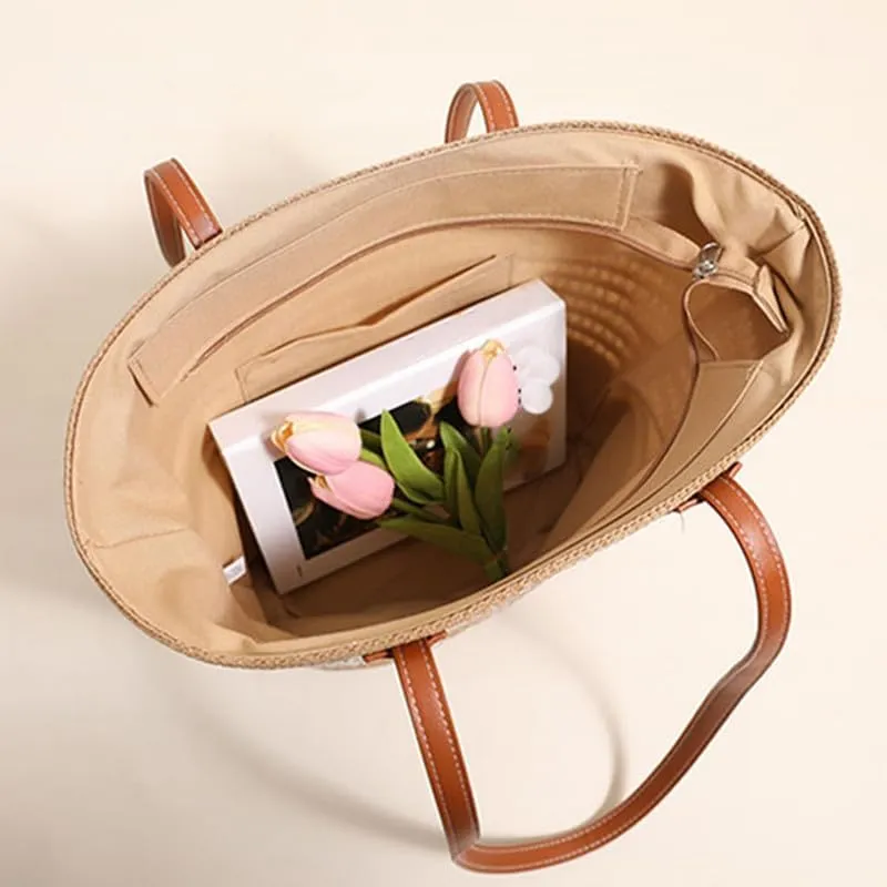 Women Beach Bags Summer Tote Bag Large Woven Straw Bucket Purse for Vacation Holiday Stripes Shoulder Handbag Beige