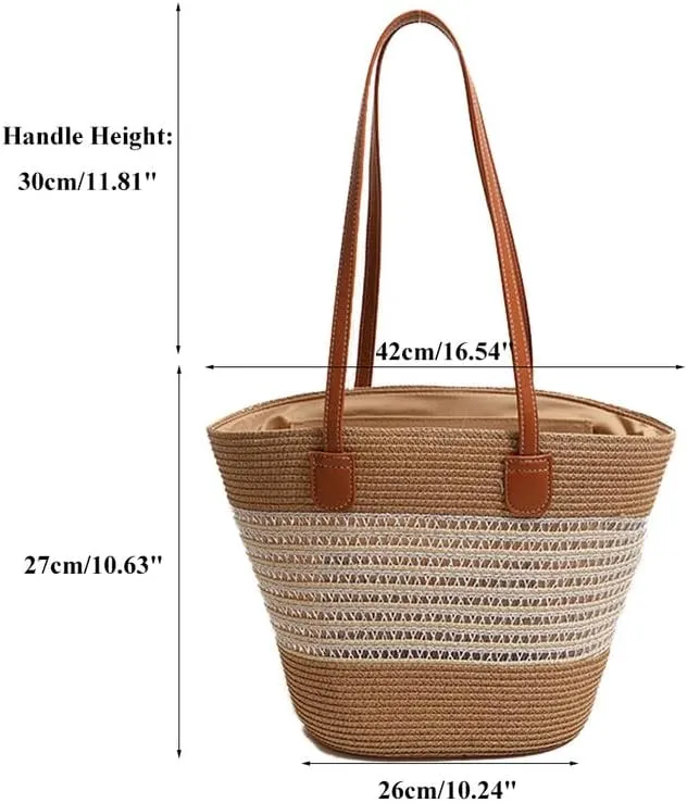 Women Beach Bags Summer Tote Bag Large Woven Straw Bucket Purse for Vacation Holiday Stripes Shoulder Handbag Beige