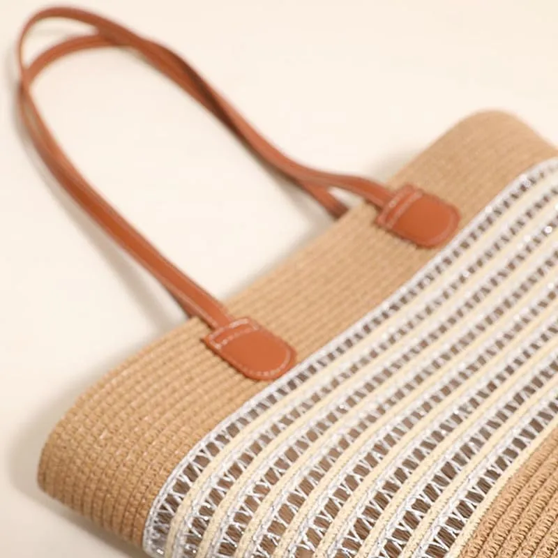 Women Beach Bags Summer Tote Bag Large Woven Straw Bucket Purse for Vacation Holiday Stripes Shoulder Handbag Beige