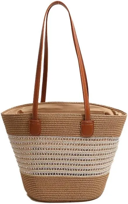 Women Beach Bags Summer Tote Bag Large Woven Straw Bucket Purse for Vacation Holiday Stripes Shoulder Handbag Beige