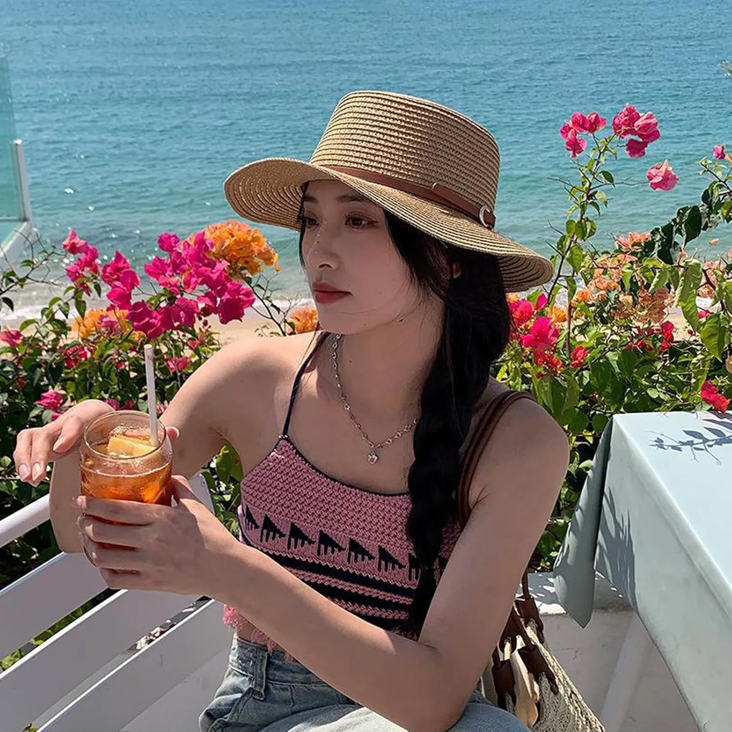 Women Beach Straw Sun Hat Flat Topped Straw hat Summer Beach Hat for Men Women for Party Travel