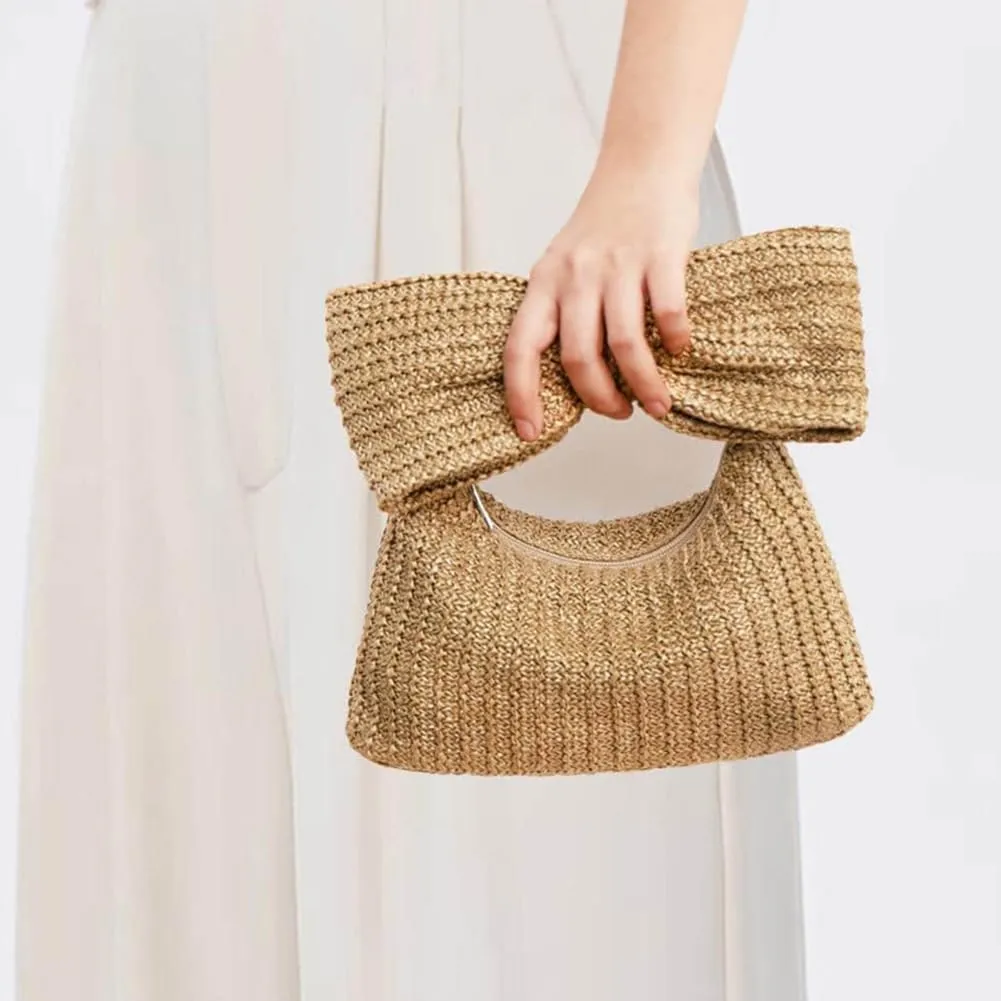 Women Bow Purse Straw Clutch Purses Handmade Bow Woven Tote Bag Summer Beach Straw Purse Perfect Parties