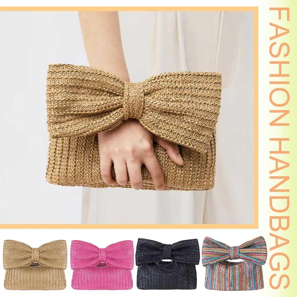 Women Bow Purse Straw Clutch Purses Handmade Bow Woven Tote Bag Summer Beach Straw Purse Perfect Parties