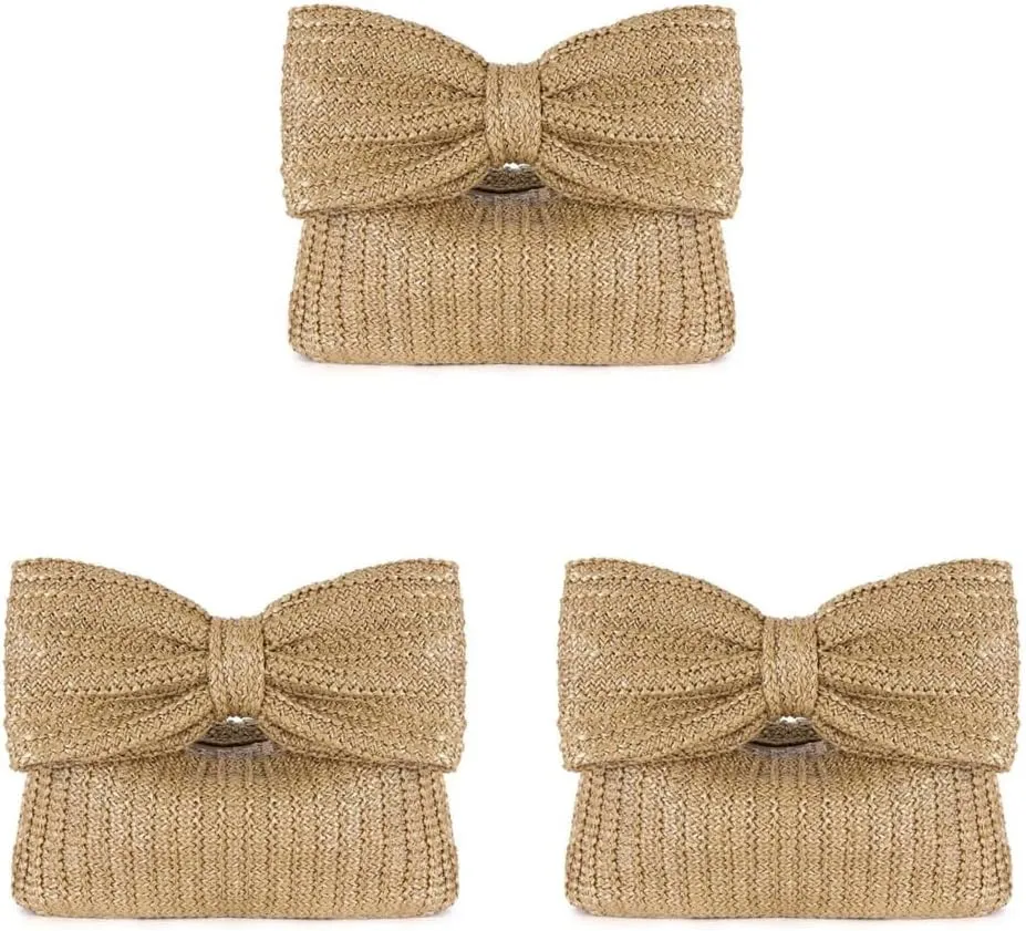 Women Bow Purse Straw Clutch Purses Handmade Bow Woven Tote Bag Summer Beach Straw Purse Perfect Parties