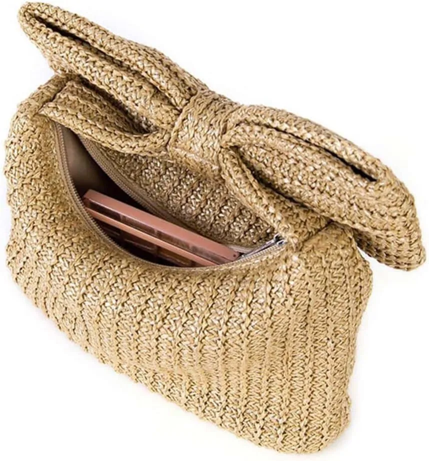 Women Bow Purse Straw Clutch Purses Handmade Bow Woven Tote Bag Summer Beach Straw Purse Perfect Parties