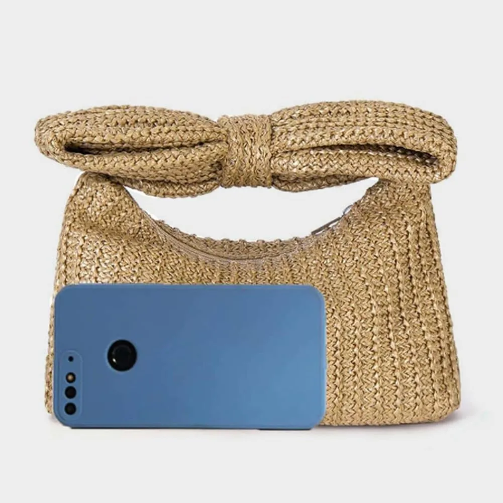 Women Bow Purse Straw Clutch Purses Handmade Bow Woven Tote Bag Summer Beach Straw Purse Perfect Parties
