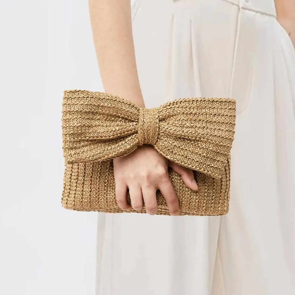 Women Bow Purse Straw Clutch Purses Handmade Bow Woven Tote Bag Summer Beach Straw Purse Perfect Parties