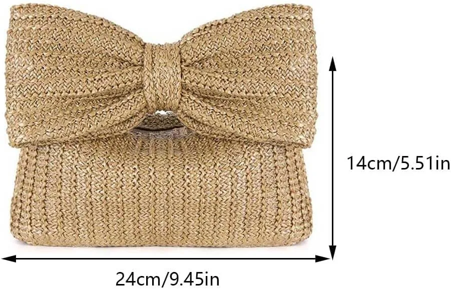 Women Bow Purse Straw Clutch Purses Handmade Bow Woven Tote Bag Summer Beach Straw Purse Perfect Parties