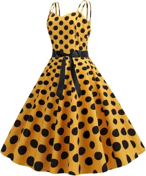 Women Casual Backless Sleeve Dresses Sexy Double Strap Vintage Polka Dot Printed A-Line Dress Beach Daily Wear