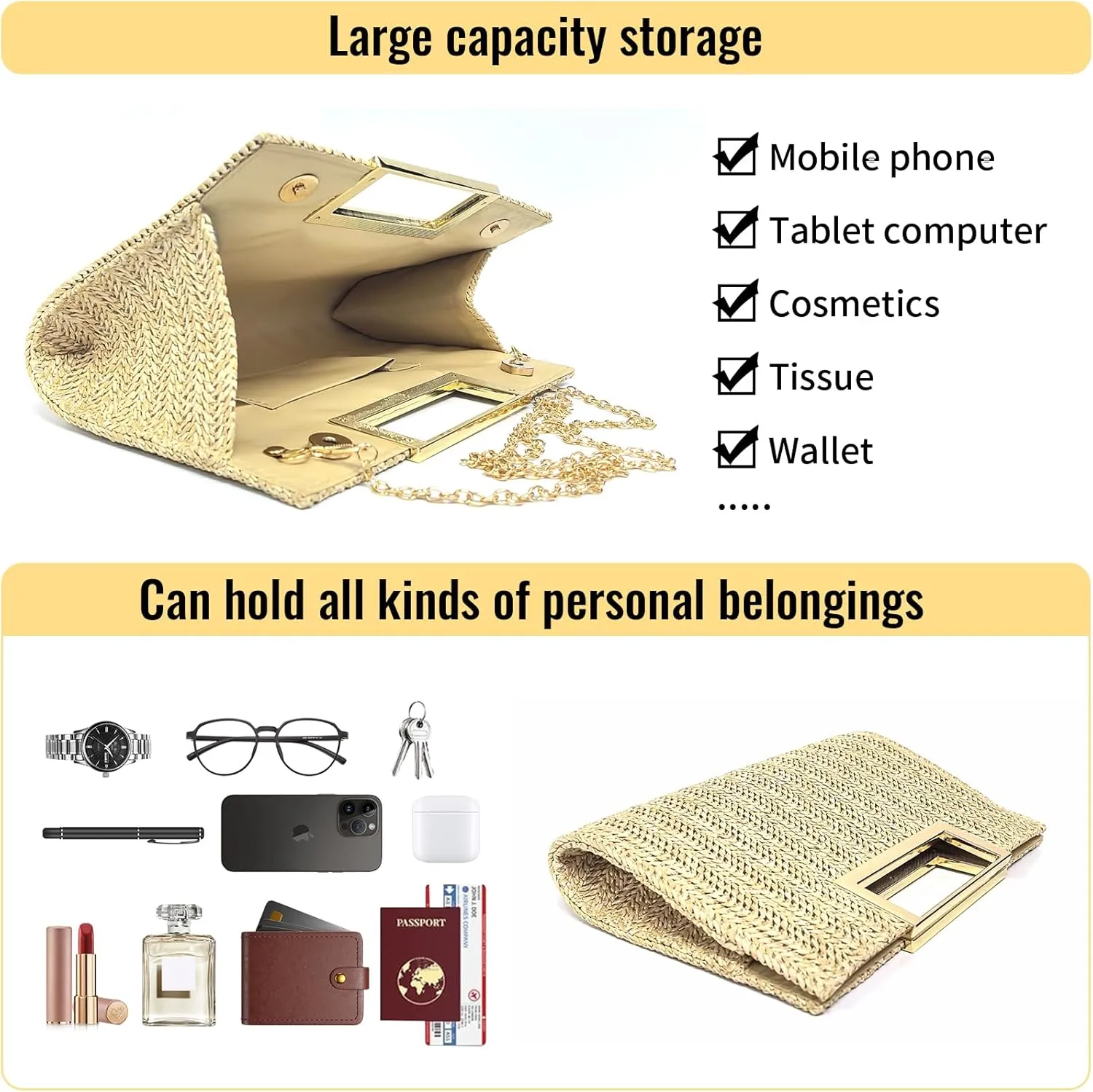 Women Clutch Top Handbags Straw Raffia Bag Purse Woven Tote CrossBag for Women Beach Summer Travel