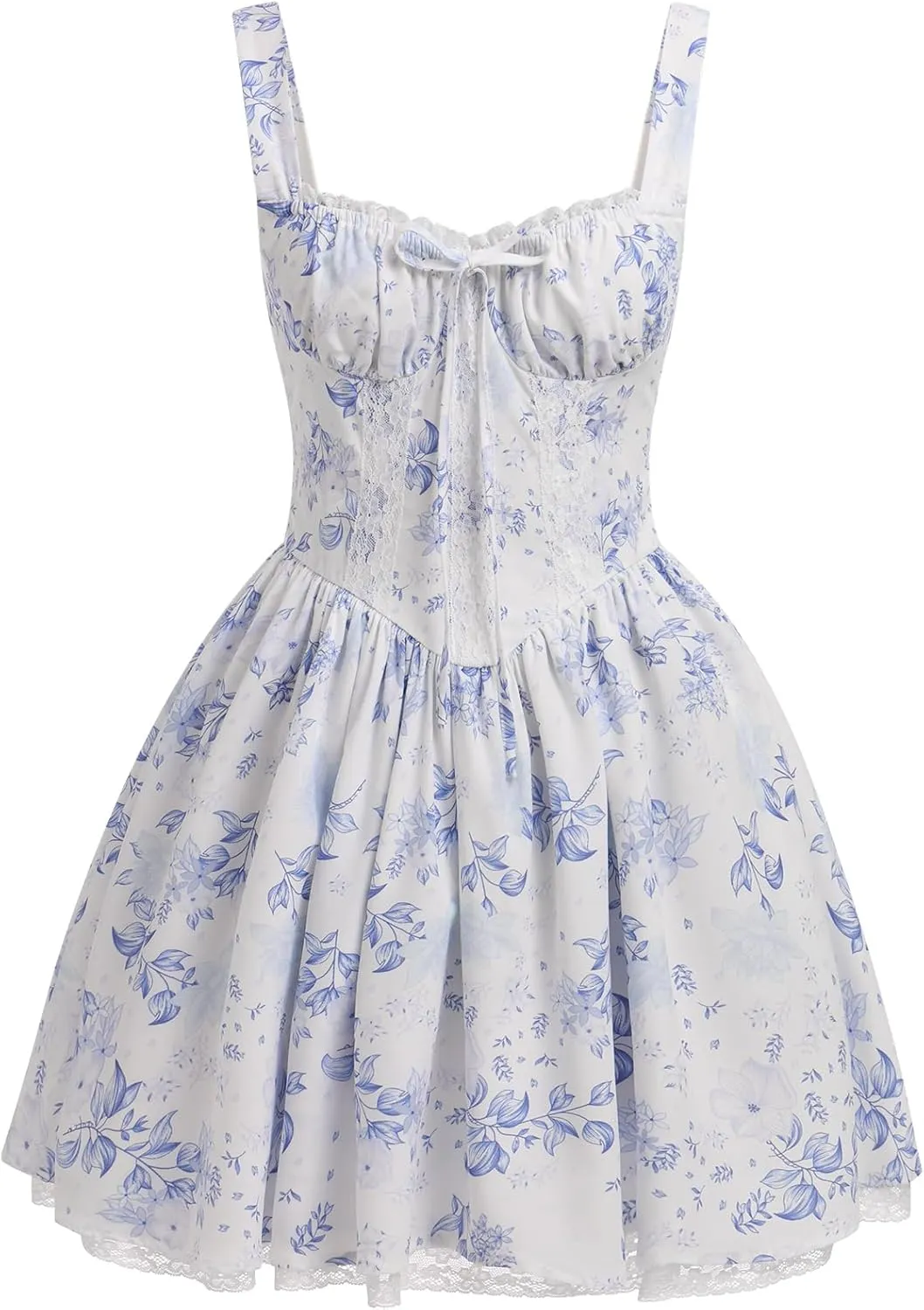 Women Corset Dress Floral Mini Dress Sexy Spaghetti Straps Low Cut Lace Short Dress Ruffle Summer Bustier Sundress