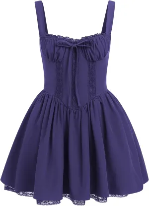 Women Corset Dress Floral Mini Dress Sexy Spaghetti Straps Low Cut Lace Short Dress Ruffle Summer Bustier Sundress