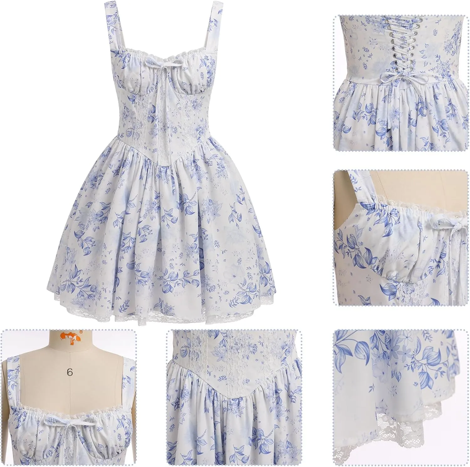 Women Corset Dress Floral Mini Dress Sexy Spaghetti Straps Low Cut Lace Short Dress Ruffle Summer Bustier Sundress