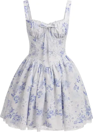 Women Corset Dress Floral Mini Dress Sexy Spaghetti Straps Low Cut Lace Short Dress Ruffle Summer Bustier Sundress