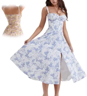 Women Floral Corset Midi Dress, Print Bustier Sundress, Flowy Slit Sundress Summer Beach Corset Dress
