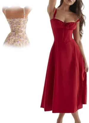 Women Floral Corset Midi Dress, Print Bustier Sundress, Flowy Slit Sundress Summer Beach Corset Dress