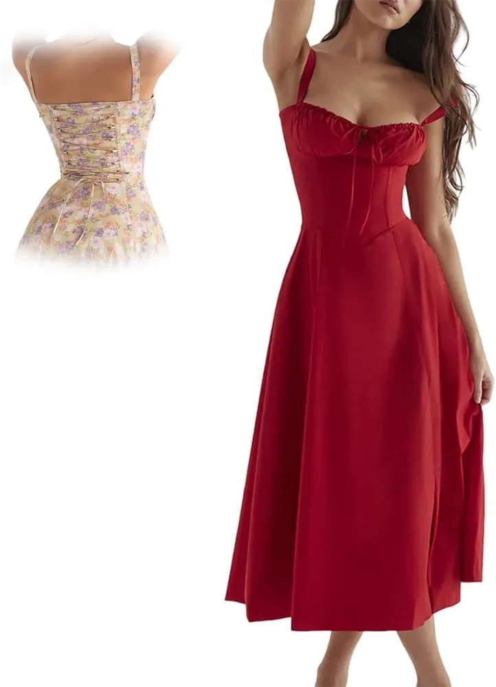 Women Floral Corset Midi Dress, Print Bustier Sundress, Flowy Slit Sundress Summer Beach Corset Dress