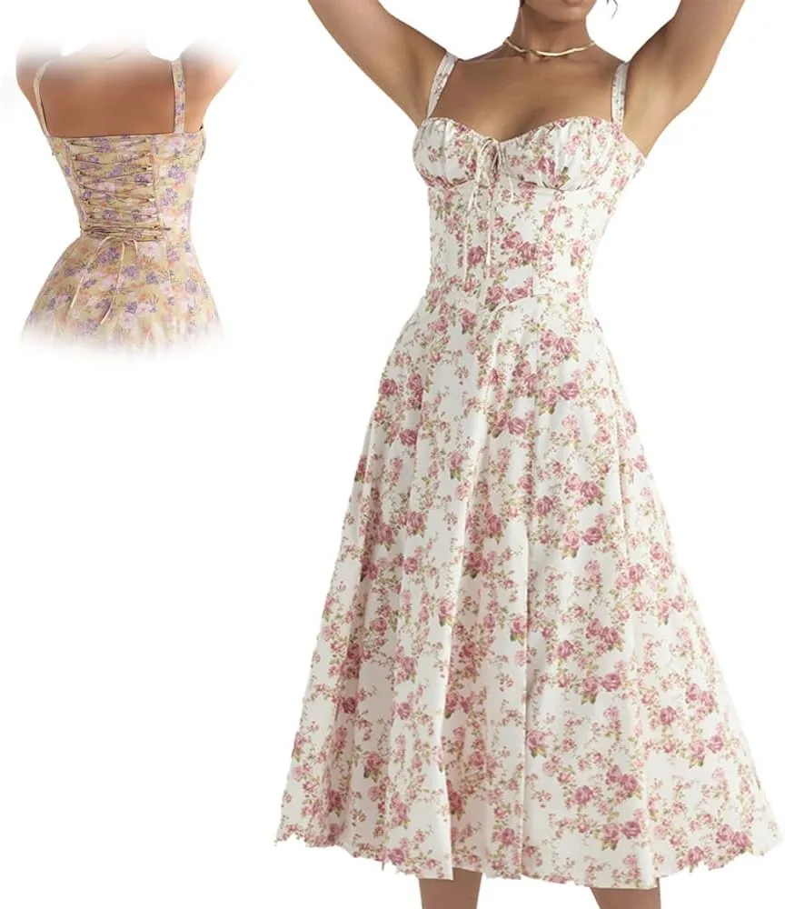 Women Floral Corset Midi Dress, Print Bustier Sundress, Flowy Slit Sundress Summer Beach Corset Dress