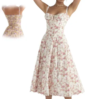 Women Floral Corset Midi Dress, Print Bustier Sundress, Flowy Slit Sundress Summer Beach Corset Dress
