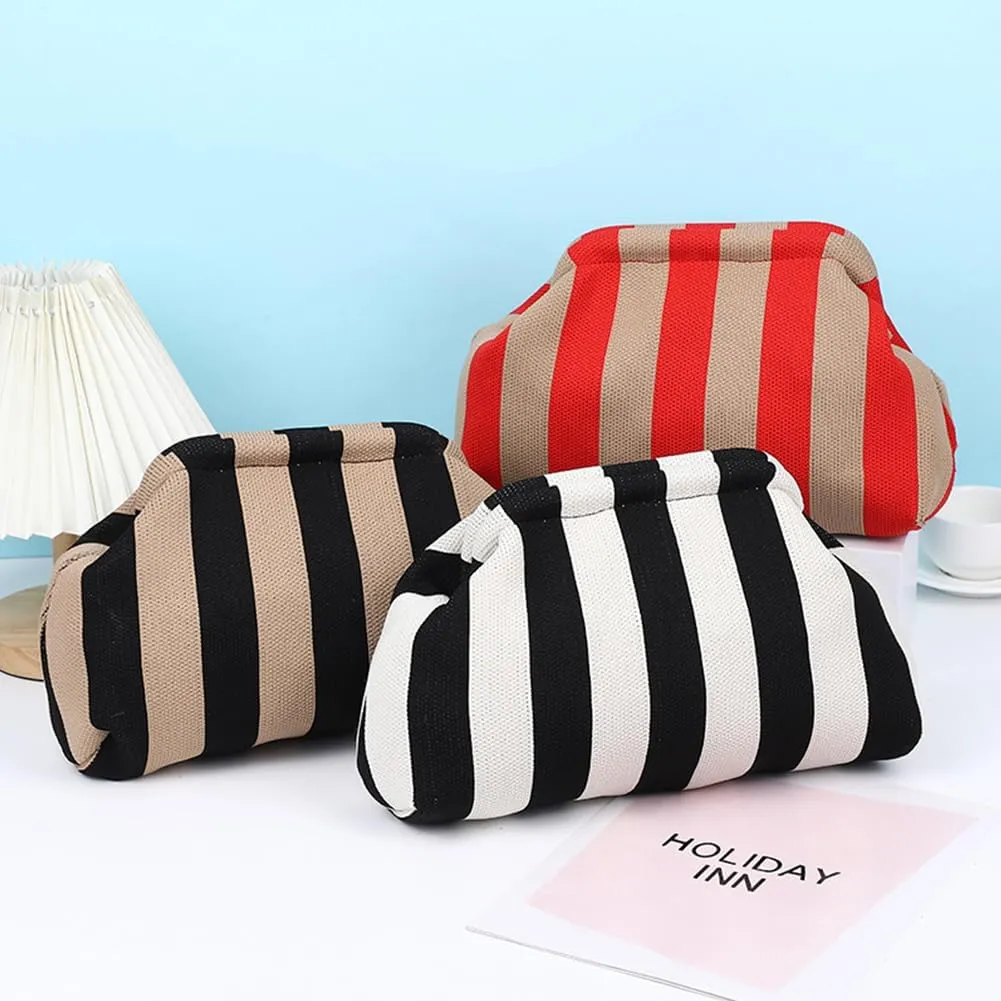Women Knitted Clutch Purse Contrast Color Knit Stripe Purse Knitting Dumpling Clutch Woven Bag for Female