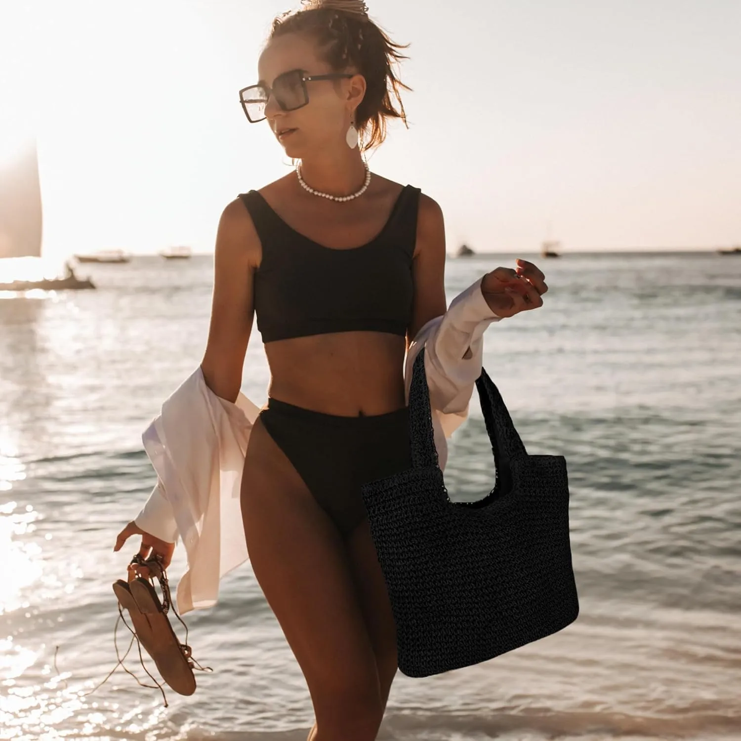 Women Large Straw Beach Bag Handmade Woven Shoulder Bags Hobo Tote Handbag Purse for Summer