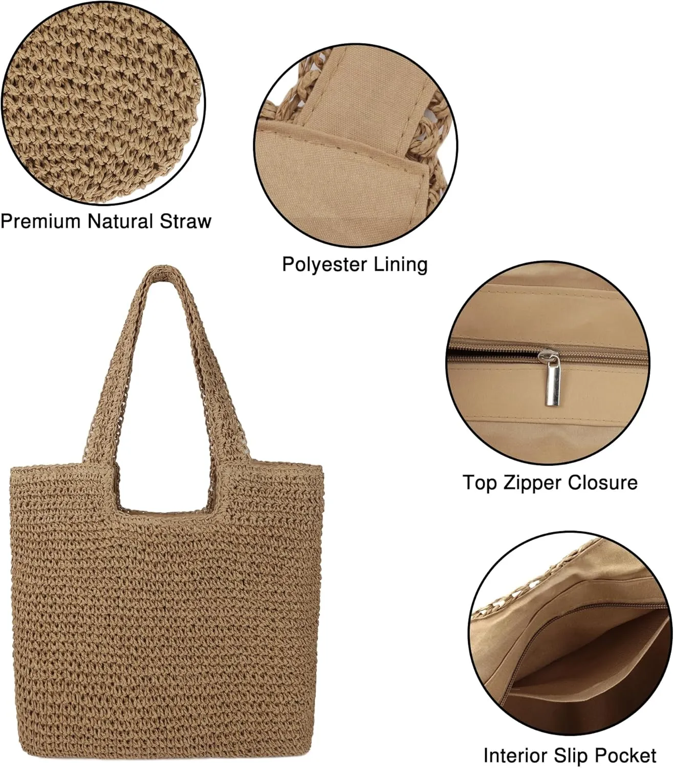 Women Large Straw Beach Bag Handmade Woven Shoulder Bags Hobo Tote Handbag Purse for Summer