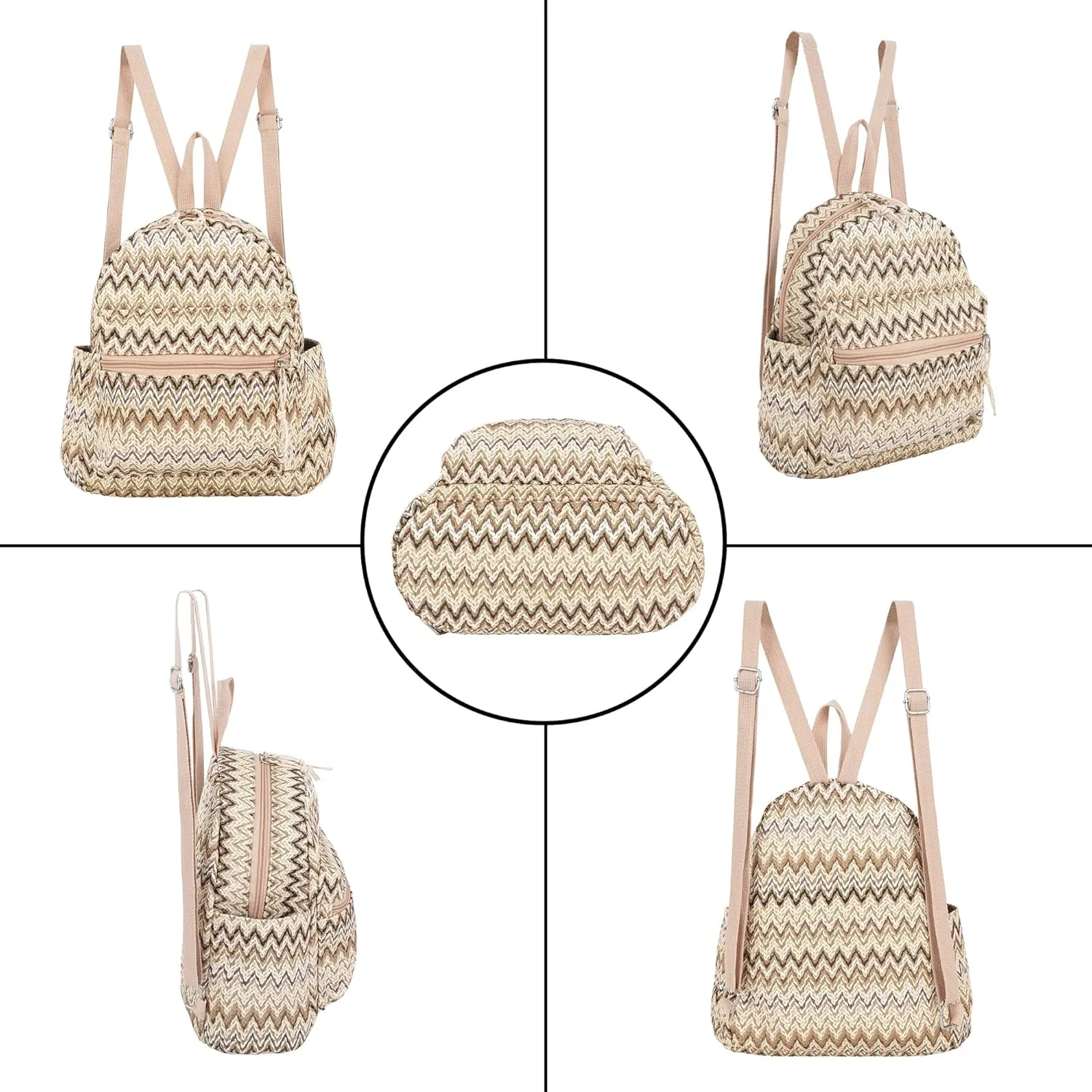 Women Medium Straw Handmade Woven Backpack Casual Beach Daypack Shoulders Bag