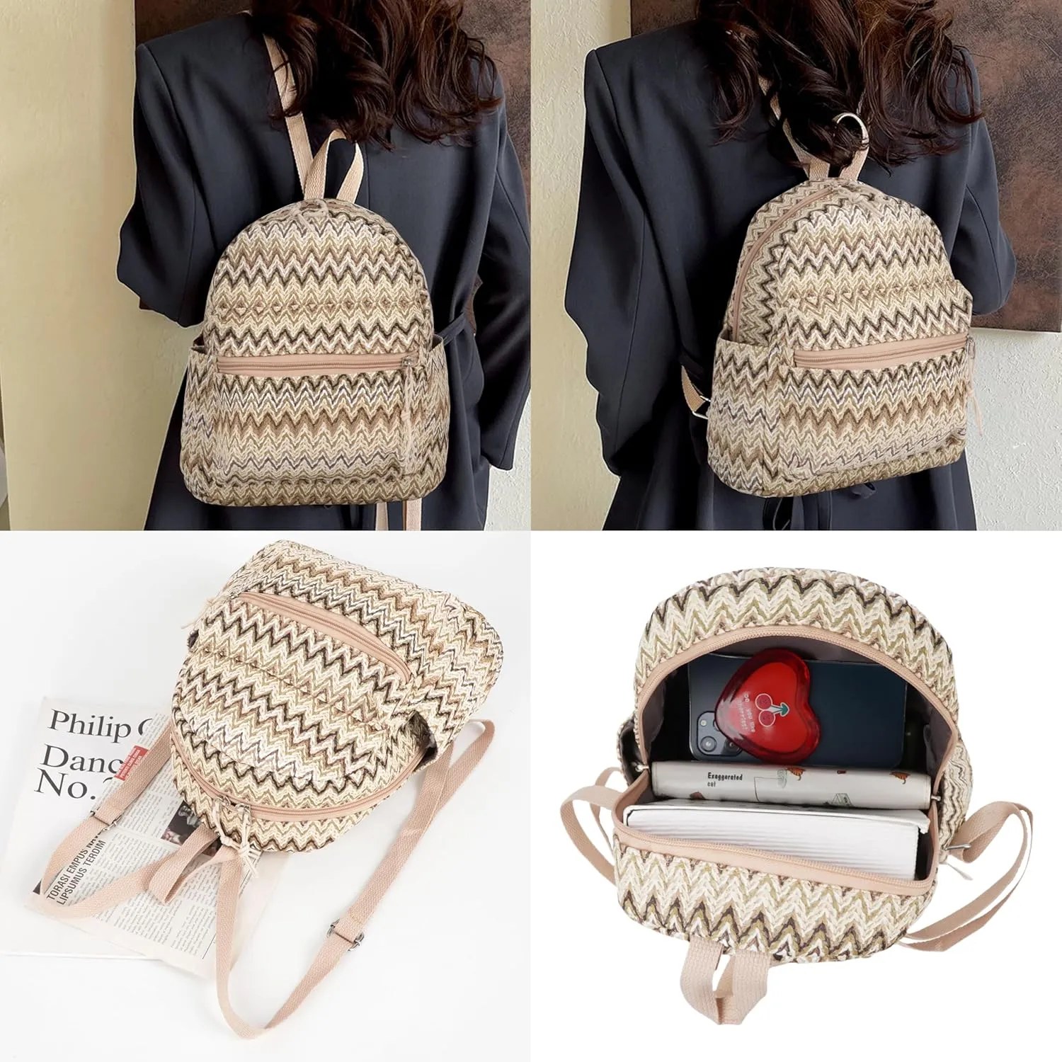 Women Medium Straw Handmade Woven Backpack Casual Beach Daypack Shoulders Bag