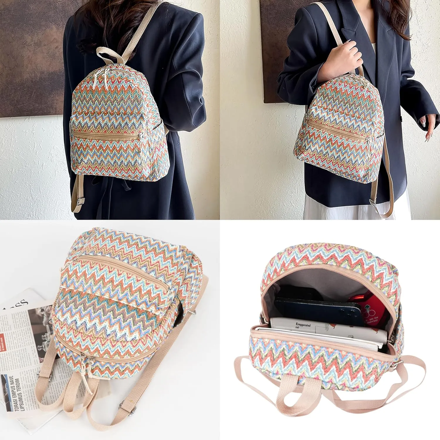 Women Medium Straw Handmade Woven Backpack Casual Beach Daypack Shoulders Bag