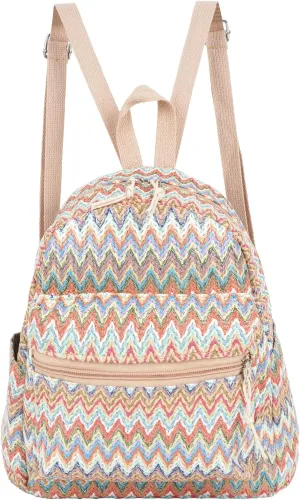 Women Medium Straw Handmade Woven Backpack Casual Beach Daypack Shoulders Bag