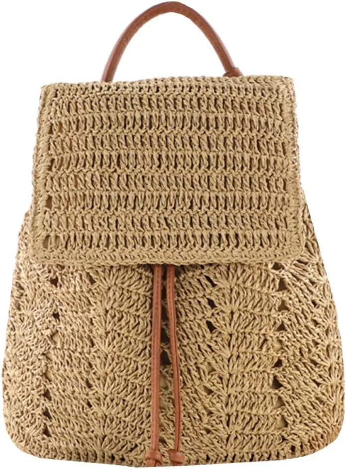 Women Medium Straw Handmade Woven Backpack Flap Drawstring Shoulders Bag Beach Daypack