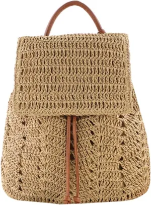 Women Medium Straw Handmade Woven Backpack Flap Drawstring Shoulders Bag Beach Daypack