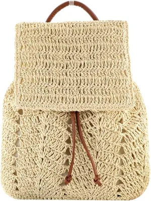 Women Medium Straw Handmade Woven Backpack Flap Drawstring Shoulders Bag Beach Daypack