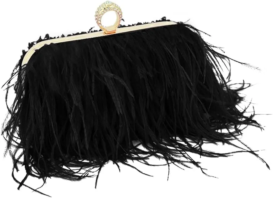 Women Ostrich Feather Purse Ostrich Tote Bag Fluffy Feather Purse Fringe Clutch Evening Handbag for Party Prom Black