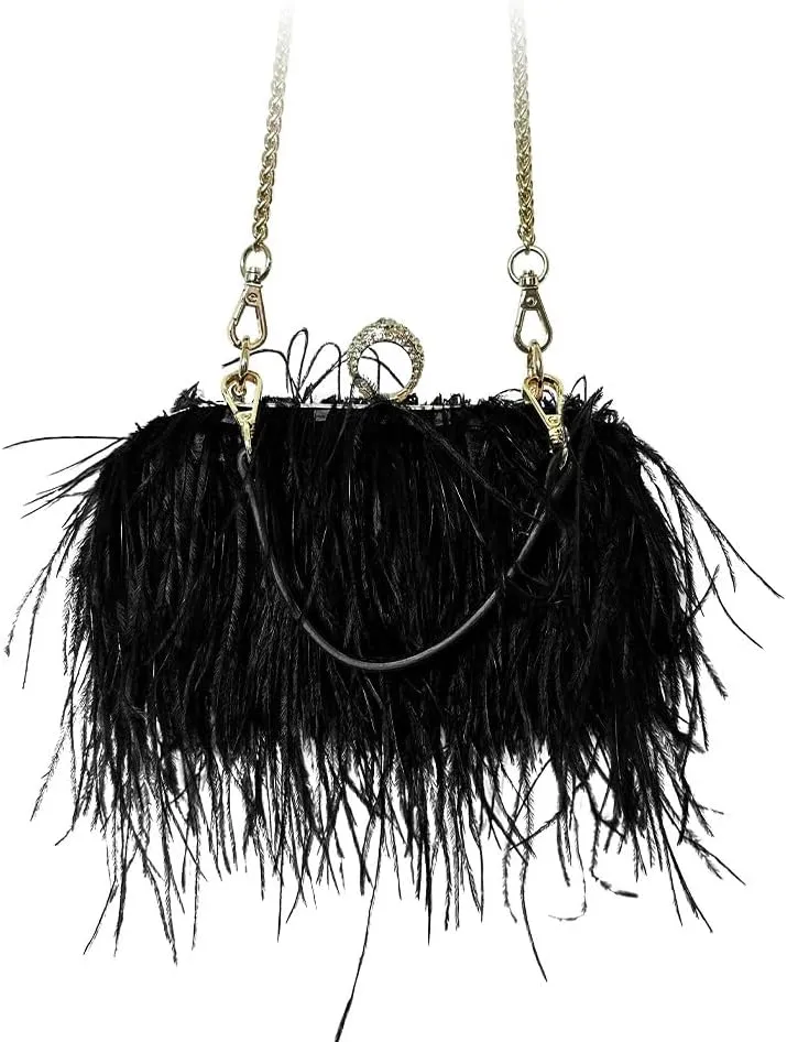 Women Ostrich Feather Purse Ostrich Tote Bag Fluffy Feather Purse Fringe Clutch Evening Handbag for Party Prom Black