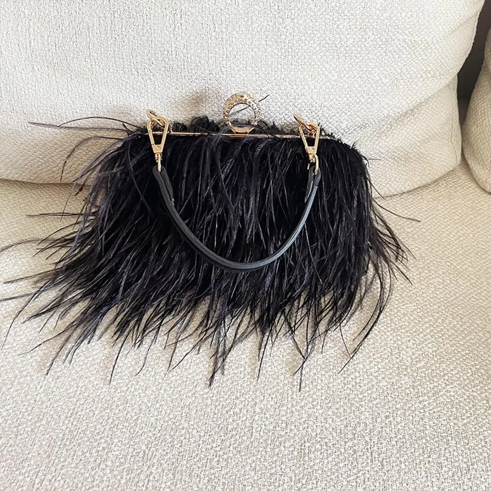 Women Ostrich Feather Purse Ostrich Tote Bag Fluffy Feather Purse Fringe Clutch Evening Handbag for Party Prom Black