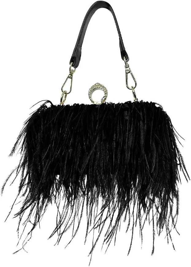 Women Ostrich Feather Purse Ostrich Tote Bag Fluffy Feather Purse Fringe Clutch Evening Handbag for Party Prom Black