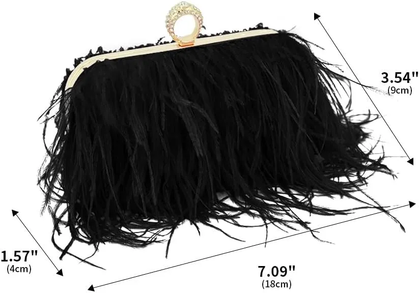 Women Ostrich Feather Purse Ostrich Tote Bag Fluffy Feather Purse Fringe Clutch Evening Handbag for Party Prom Black