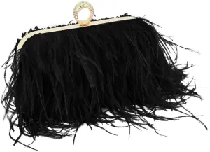 Women Ostrich Feather Purse Ostrich Tote Bag Fluffy Feather Purse Fringe Clutch Evening Handbag for Party Prom Black