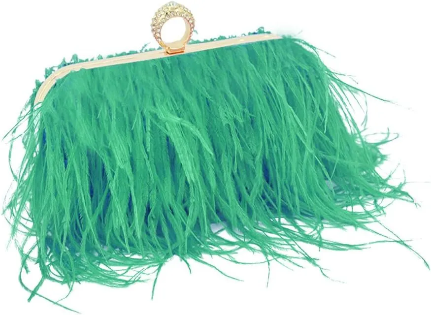 Women Ostrich Feather Purse Ostrich Tote Bag Fluffy Feather Purse Fringe Clutch Evening Handbag for Party Prom Green