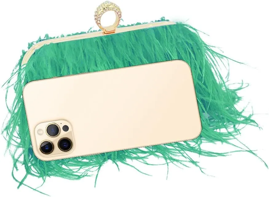 Women Ostrich Feather Purse Ostrich Tote Bag Fluffy Feather Purse Fringe Clutch Evening Handbag for Party Prom Green