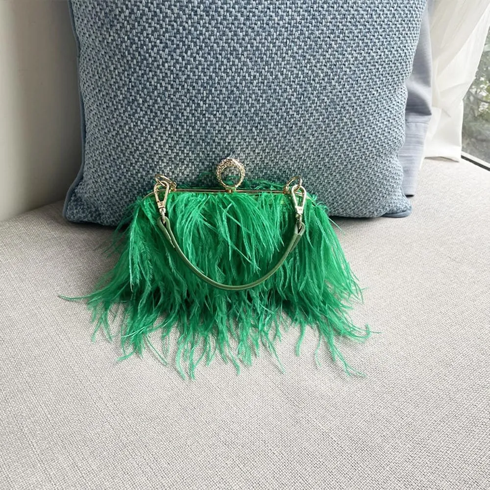 Women Ostrich Feather Purse Ostrich Tote Bag Fluffy Feather Purse Fringe Clutch Evening Handbag for Party Prom Green