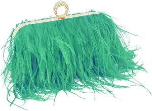 Women Ostrich Feather Purse Ostrich Tote Bag Fluffy Feather Purse Fringe Clutch Evening Handbag for Party Prom Green