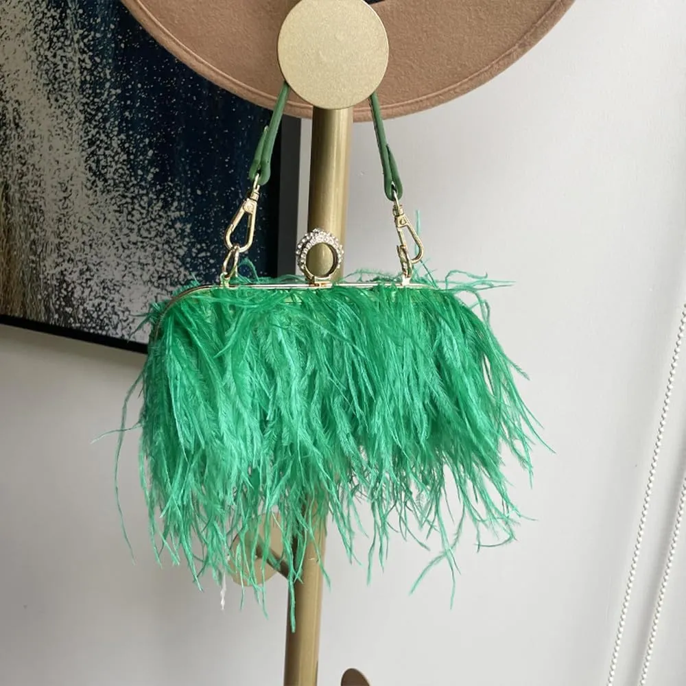 Women Ostrich Feather Purse Ostrich Tote Bag Fluffy Feather Purse Fringe Clutch Evening Handbag for Party Prom Green