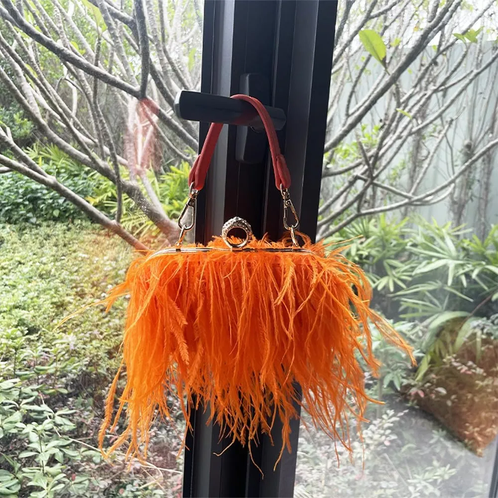 Women Ostrich Feather Purse Ostrich Tote Bag Fluffy Feather Purse Fringe Clutch Evening Handbag for Party Prom Orange
