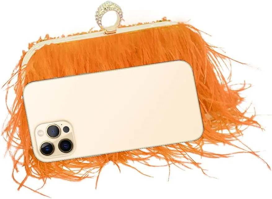 Women Ostrich Feather Purse Ostrich Tote Bag Fluffy Feather Purse Fringe Clutch Evening Handbag for Party Prom Orange