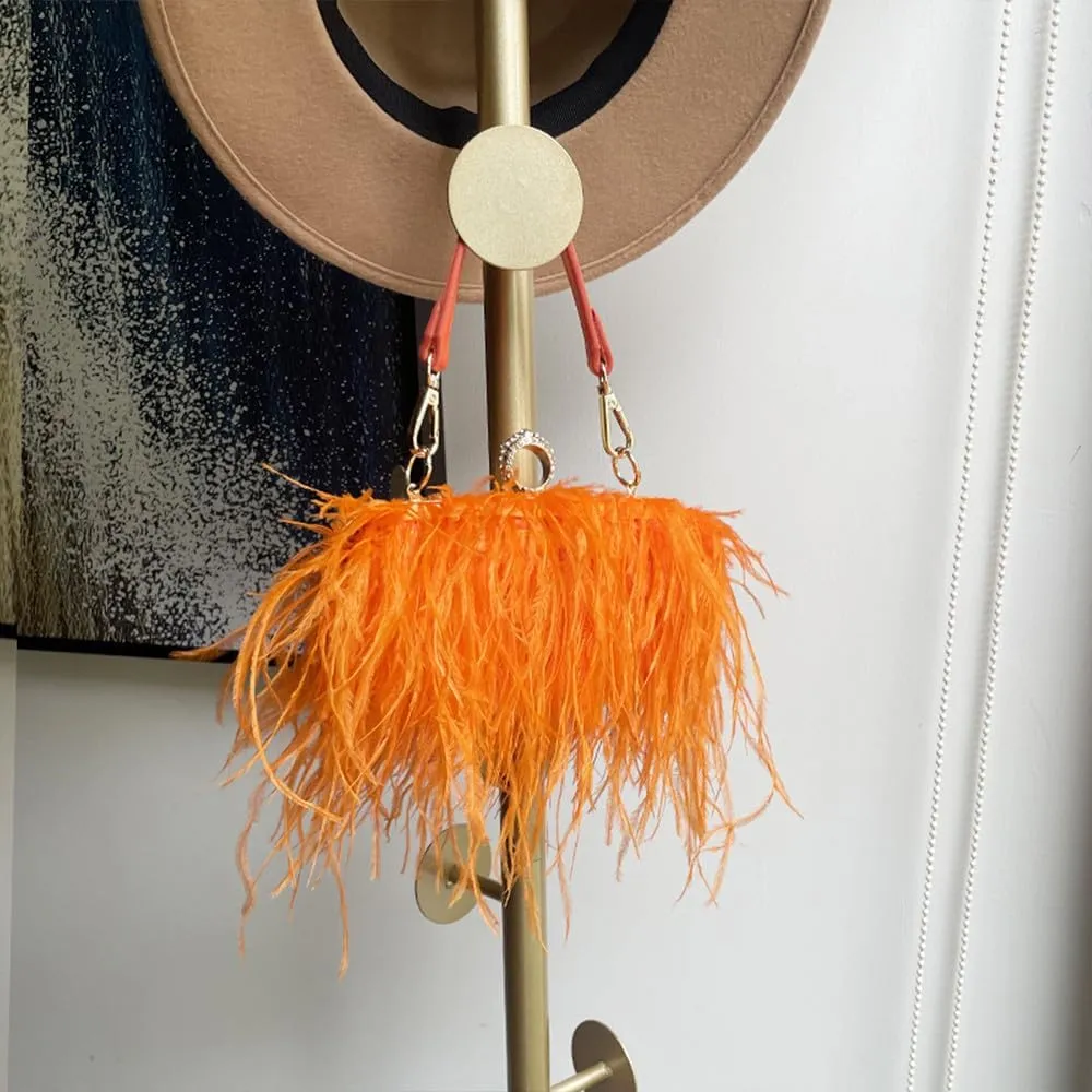 Women Ostrich Feather Purse Ostrich Tote Bag Fluffy Feather Purse Fringe Clutch Evening Handbag for Party Prom Orange