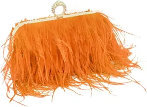 Women Ostrich Feather Purse Ostrich Tote Bag Fluffy Feather Purse Fringe Clutch Evening Handbag for Party Prom Orange