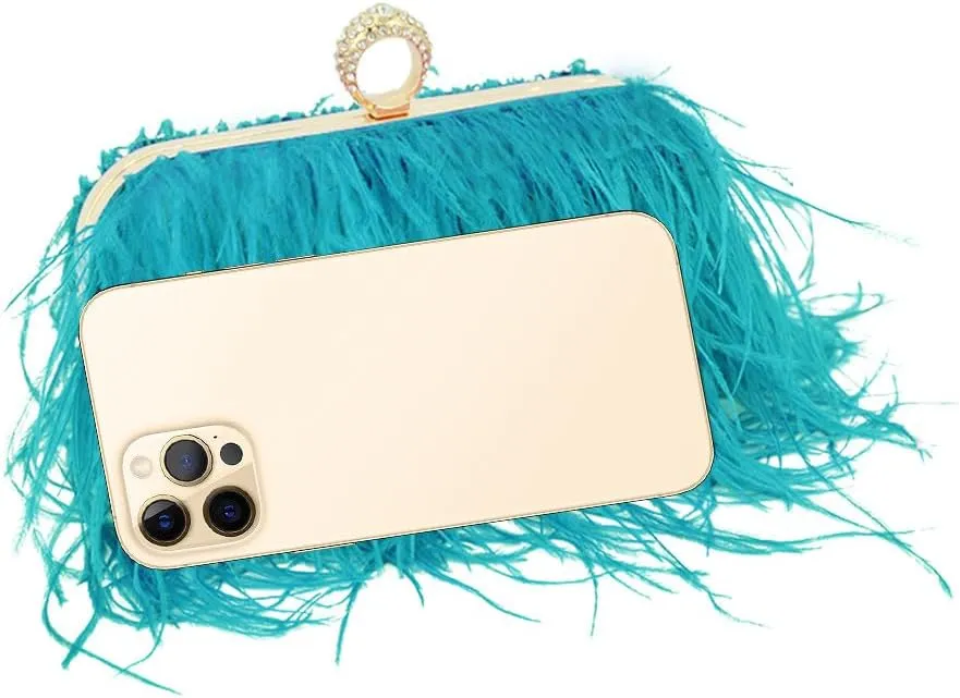 Women Ostrich Feather Purse Ostrich Tote Bag Fluffy Feather Purse Fringe Clutch Evening Handbag for Party Prom Peacock Blue